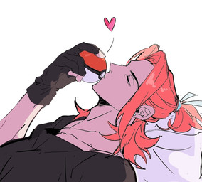 accessory clothed clothing eyes_closed gloves hair hair_accessory hair_tie handwear heart_symbol kissing long_hair lying male on_back pokeball shirt simple_background solo tied_hair topwear white_background laiweitui nintendo pokemon fang_yuan_(laiweitui) pokemon_trainer human mammal hi_res