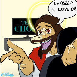 anthro brown_body brown_hair claws clothed clothed_anthro clothed_male clothing computer_monitor cross dialogue finger_claws fingers fist furniture hair head_turned humanoid_hands i_love_you long_hair looking_at_viewer looking_back male markings open_mouth open_smile red_eyes religion scar sharp_teeth sitting smile solo speech_bubble striped_markings stripes table talking_to_viewer tan_body teeth text bigboitony jesus_christ raptor_jesus dinosaur dromaeosaurid prehistoric_species reptile saurischian scalie theropod artist_name english_text hi_res