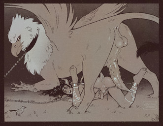 5_toes anus backsack balls beak bestiality biped chain claws feet feral fur genitals group hair humanoid_genitalia humanoid_on_feral humanoid_penis male male/male paws penis quadruped tail toes trio wings hulder mythology avian gryphon humanoid mythological_avian mythological_creature hi_res