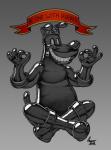 bodysuit boots clothing crosslegged_pose footwear gimp gimp_suit humor latex meditation poster shoes skinsuit solo text tight_clothing zipper zipper_mouth agent_(artist) marco_and_marty marty_martin canid canine canis domestic_dog mammal