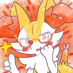 ambiguous_anthro ambiguous_gender anthro biped blush blush_stickers eyewear food front_view gesture glasses hand_gesture looking_at_viewer no_pupils object_in_tail open_:3 open_mouth open_smile shrimp_(food) simple_background smile solo sparkles tail thumbs_up wearing_glasses annyui0611 nintendo pokemon braixen canid generation_6_pokemon mammal pokemon_(species) 1:1 2024 bust_portrait digital_drawing_(artwork) digital_media_(artwork) hi_res japanese_description portrait translated_description