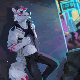 anthro arm_tuft black_bottomwear black_clothing black_pants black_topwear blurred_background bottomwear cheek_tuft chin_tuft clothed clothing clothing_lift elbow_tuft facial_tuft fangs fur hair jacket looking_at_viewer male markings midriff narrowed_eyes navel neck_tuft outside pants pink_body pink_eyes pink_fur pink_hair pink_markings shirt shirt_lift smile solo standing teeth topwear trash_bag trash_can tuft unsigned white_body white_clothing white_fur white_hair white_jacket white_topwear corzh77 canid canine canis mammal wolf 1:1 absurd_res hi_res