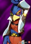 anthro beak belt clothing green_eyes jacket male solo text topwear mitgard-knight nintendo star_fox falco_lombardi avian bird 2018 english_text url