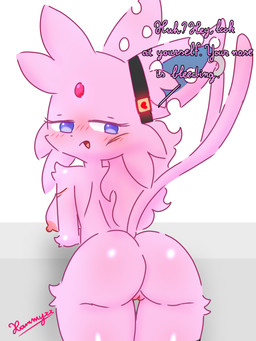anthro anthrofied blue_inner_ear blush breasts butt ear_piercing ear_ring eyelashes facial_scar female fur genitals hair hole_in_ear looking_at_viewer looking_back mostly_nude narrowed_eyes nipples nude nude_anthro nude_female open_mouth piercing pink_body pink_ears pink_fur pink_hair pink_tail pokemorph presenting purple_eyes rear_view ring_piercing scar simple_background solo tail talking_to_viewer text vulva white_background conditional_dnp xammyxx nintendo pokemon fan_character eeveelution espeon generation_2_pokemon pokemon_(species) 2025 3:4 absurd_res digital_media_(artwork) english_text hi_res ibispaint_(artwork) shaded signature watermark