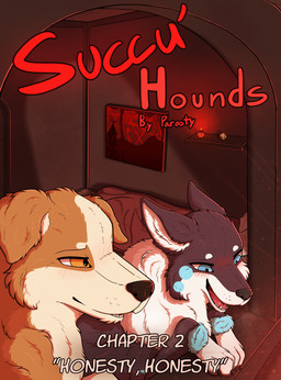 ambiguous_feral ambiguous_gender bedroom blush blush_lines chapter_number dialogue duo feral happy text window parooty mey_(parooty) skib australian_shepherd canid canine canis demon domestic_dog fox herding_dog husky hybrid mammal nordic_sled_dog pastoral_dog sheepdog spitz succubus comic cover cover_art cover_page english_text hi_res female_(lore) male_(lore)