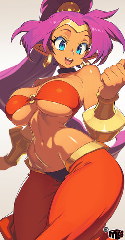 bandeau big_breasts blue_eyes bottomwear breasts choker circlet clothing collarbone crotch_lines ear_piercing ear_ring eyebrows eyelashes female glistening glistening_body glistening_breasts glistening_skin hair harem_pants humanoid_pointy_ears jewelry long_eyelashes long_hair navel necklace not_furry o-ring open_mouth open_smile pants piercing pointy_ears ponytail purple_hair ring_piercing smile soft_abs solo topwear wide_hips mewmaster93 shantae_(series) wayforward shantae genie humanoid 2026 absurd_res hi_res