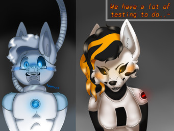 anthro black_body black_fur black_hair blue_body blue_fur blush blush_lines captured clenched_teeth duo female flustered fur hair long_hair machine male male/female nervous orange_body orange_fur short_hair smile smirk suggestive suggestive_look teeth white_body white_fur white_hair worried_look sammywhich portal_(series) valve glados wheatley android canid canine fox mammal robot 4:3