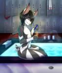 black_hair blue_pipe bulge clothing drugs fur grey_body grey_eyes grey_fur hair hot_tub locker locker_room looking_at_viewer male marijuana pipe smoke solo towel underwear water white_body white_fur kimuyukix miao1906 haru_mathers lagomorph leporid mammal rabbit absurd_res hi_res