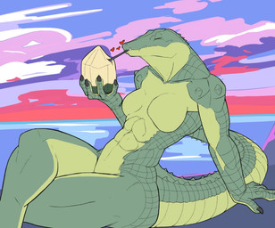 5_fingers abs anthro biped breasts claws cloud crossed_legs day drinking drinking_straw evening eyes_closed featureless_breasts female finger_claws fingers green_body green_scales heart_symbol holding_object humanoid_hands leaning leaning_backward long_tail medium_breasts midriff muscular muscular_anthro muscular_female muscular_legs non-mammal_breasts nude nude_anthro nude_female outside pose scales sitting sky smile solo spiked_tail spikes spikes_(anatomy) tail thick_thighs f_draws athena_(f_draws) crocodile crocodilian reptile scalie 2020 colored hi_res