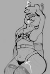 ambiguous_gender anthro bdsm bodily_fluids clothing cum fur genital_fluids harness nipple_tape open_mouth pasties smile solo tape thick_thighs tongue tongue_out wide_hips mxnster_fxcker alien canid canine canis domestic_dog mammal digital_media_(artwork) monochrome