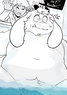 anthro bathing belly blush duo embarrassed female flaccid floppy_ears fupa genitals horn male nude overweight partially_submerged penis penis_base pubes water rinhatsuyuki human mammal absurd_res hi_res