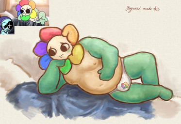 anthro bed clothing duo furniture looking_down lying lying_on_bed male mostly_nude navel nipples on_bed on_side overweight overweight_male pillow underwear worried reynard_goodfellow blushcrunch_studio dandy's_world dandy_(dandy's_world) hi_res