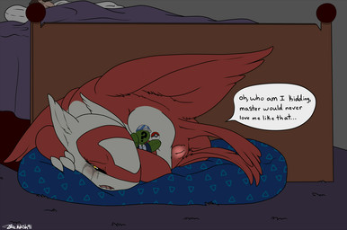bed bodily_fluids crying dialogue duo eyelashes female feral furniture genitals master open_mouth ownership pillow plushie pokeball sad sleeping standard_pokeball tears text vulva yellow_eyes backlash91 conditional_dnp nintendo pokemon anonymous generation_3_pokemon human latias legendary_pokemon mammal pokemon_(species) 2017 digital_media_(artwork) english_text