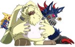 ahoge anthro belly belt blue_body blue_fur blush claws ear_piercing ear_ring feral fluffy fluffy_chest fur group hair hair_over_eyes hungry long_ears male mask piercing ponytail_ears red_eyes ring_piercing yellow_body yellow_fur portugueselynx bandai_namco digimon angoramon bowmon canid canine digimon_(species) lagomorph leporid loogarmon mammal rabbit viximon waddling_head hi_res