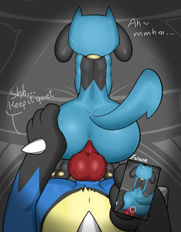 anal anal_penetration anthro big_butt blue_body blue_fur bodily_fluids butt dialogue duo first_person_view fur genitals grey_body grey_fur knot knotted_penis male male/male penetration penis recording shush spikes sweat sweatdrop tail text mr_fuwa nintendo pokemon canid canine generation_4_pokemon lucario mammal pokemon_(species) riolu absurd_res english_text hi_res