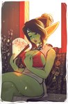 asian_clothing bodily_fluids brown_hair chinese_clothing chinese_dress clothing dress east_asian_clothing female green_body green_skin hair hand_fan lipstick long_ears makeup not_furry solo sweat orcbarbies goblin humanoid hi_res