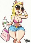 anthro big_breasts bikini blonde_hair bottomwear bra bracelet breasts clothing curvy_figure eyewear female glasses hair huge_hips huge_thighs jewelry shorts smile solo swimwear thick_thighs two-piece_swimsuit underwear wide_hips tansau domestic_cat felid feline felis mammal 2022 digital_media_(artwork) hi_res