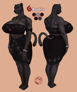 anthro barefoot big_breasts big_butt black_body black_fur breasts butt clothing feet female fur jewelry muscular necklace simple_background solo tail thick_thighs neozoa fan_character felid mammal pantherine hi_res model_sheet