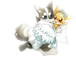 anthro blush bridal_carry bride carrying_another clothed clothing dress duo female flower kemono male male/female plant wedding_dress ayaka kyappy shibeta canid canine canis domestic_dog husky mammal nordic_sled_dog shiba_inu spitz