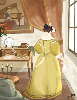 anthro brown_body brown_fur brown_hair candelabra clothing detailed_background female fur gem hair hair_bun handkerchief holding_object jewelry kerchief markings multicolored_body multicolored_fur necklace painting_(object) pearl_(gem) pearl_necklace pointy_ears rear_view robe short_hair snout solo tail thin_tail tied_hair two_tone_body two_tone_fur white_body white_fur w0lfi canid canine mammal detailed digital_media_(artwork) digital_painting_(artwork) hi_res painting_(artwork) watermark