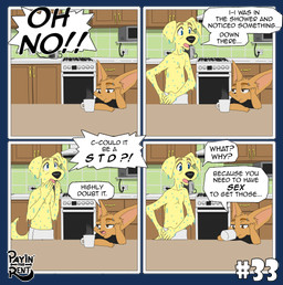 anthro clothed clothing container cup dialogue dripping_wet duo fur hot_beverage humor kitchen male mug sitting speech_bubble text topless topless_anthro topless_male towel towel_around_waist towel_only wet wet_body wet_fur ariesartist ben_(ariesartist) roger_(ariesartist) bird_dog canid canine canis domestic_dog fennec_fox fox hunting_dog labrador mammal retriever true_fox alpha_channel comic english_text hi_res