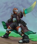 anthro armor boots clothed clothing cloud coat equipment fog footwear fur hair holding_object holding_weapon male melee_weapon outside pose purple_eyes red_hair shoes simple_background sky solo stripes sword topwear weapon white_body white_fur tall_lizzard_(artist) felid mammal pantherine tiger hi_res