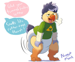 3_toes 5_fingers animal_feet anthro barefoot beak bent_over blue_body blue_chest blue_feather_hair blue_feathers blue_hair blue_hands blue_pseudo_hair blue_speech_bubble blue_tail blue_tail_feathers blue_torso blue_tuft breath cheek_tuft clothed clothing curved_beak dialogue diaper facial_tuft feather_hair feather_tuft feathers feces feet fingers fluffy fluffy_tail fluffy_tail_feathers full_diaper furgonomic_diaper furgonomics glistening glistening_beak glistening_eyes gradient_beak gradient_legs green_clothing green_eyes green_shirt green_topwear grey_body grey_chest grey_feather_hair grey_feathers grey_hair grey_hands grey_pseudo_hair grey_tail grey_tail_feathers grey_torso grey_tuft hair hands_on_legs hands_on_own_legs hands_on_own_thighs hands_on_thighs head_tuft humanoid_hands long_sleeve_shirt male motion_lines motion_outline multicolored_body multicolored_face multicolored_feathers multicolored_legs open_beak open_mouth orange_beak orange_feet orange_legs orange_scutes pantsless pantsless_anthro pantsless_male pink_speech_bubble pooping pseudo_hair relieved sagging_diaper scuted_feet scuted_legs scutes shadow shirt short_sleeved_shirt sigh sighing simple_background smile soiled_diaper soiling soiling_diaper solo speech_bubble stomach_ache swollen_diaper tail tail_feathers text tiptoes toes tongue topwear triforce triforce_clothing triforce_print triforce_symbol tuft unclean_diaper used_diaper using_diaper wearing_diaper white_background white_diaper white_text yellow_body yellow_feathers yellow_legs yellow_scutes yellow_tuft young young_anthro young_male nuggetmunk nintendo the_legend_of_zelda chester_bright avian bird columbid dodo recently_extinct_species 6:5 absurd_res artist_name colored digital_drawing_(artwork) digital_media_(artwork) hi_res