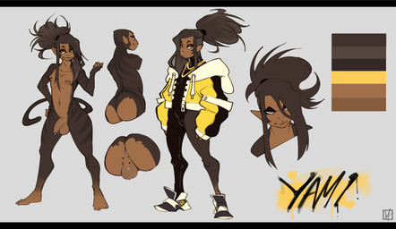 anthro anus backsack balls brown_body brown_penis brown_skin butt clothing cocky_smile dark_body dark_fur eyeliner footwear fur genital_piercing genitals guiche_piercing hair highlights_(coloring) jacket jewelry latex long_hair makeup male monkey_tail navel navel_piercing necklace nipple_piercing nipples penis penis_piercing perineum piercing ponytail rear_view shoes smug_face solo striped_body striped_fur stripes topwear yellow_clothing yellow_eyes yellow_jacket_(clothing) yellow_topwear imaaahorny yami_(morobox) haplorhine mammal monkey primate absurd_res hi_res model_sheet
