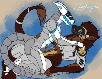 3_toes 5_fingers abs abstract_background antennae_(anatomy) anthro anthro_on_anthro athletic athletic_anthro athletic_male biped blue_claws blue_eyes blue_markings blue_tongue blush brown_body brown_fur butt claws countershading cute_fangs cybernetics digitigrade duo ear_tuft erection eyebrows fangs feet finger_claws fingers fluffy frottage fur genitals glans glowing glowing_markings grey_body hand_on_back hand_on_shoulder horn kneeling knot looking_at_another looking_at_partner looking_down looking_up lying machine male male/male markings metallic_body multicolored_body navel nude on_back open_mouth pecs penile penis penises_touching pupils ridged_knotted_penis ridged_penis sex side_view simple_background slit_pupils smile straddling tail tail_tuft teeth toes tongue tongue_out tuft two_tone_body visor white_body white_countershading nathugar komuros mocha_(nathugar) android cyborg protogen robot synth_(vader-san) 2022 colored digital_drawing_(artwork) digital_media_(artwork) hi_res signature