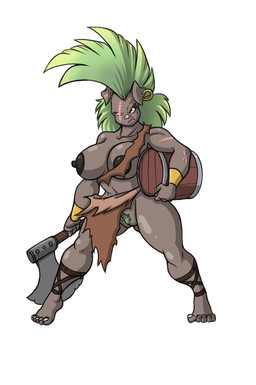 anthro axe barrel big_breasts bottomwear breasts clothing female genitals ineffective_clothing ineffective_loincloth loincloth melee_weapon nipples pubes solo vulva warrior weapon lordstevie humanoid orc pig_orc 2011