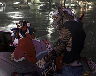 against_surface against_vehicle anthro anthro_on_anthro anthro_penetrated anthro_penetrating anthro_penetrating_anthro athletic athletic_anthro athletic_male black_hair blue_bottomwear blue_clothing blue_jeans blue_pants bottomwear bottomwear_down braided_hair brown_body brown_fur car clothed clothing denim denim_bottomwear denim_clothing dreadlocks duo facial_piercing fingerless_(marking) fur hair jeans male male/male male_penetrated male_penetrating male_penetrating_male multicolored_body multicolored_fur multicolored_hair nose_piercing nose_ring outside pants pants_down partially_clothed penetration photo_background piercing pink_nose pink_tongue public public_sex red_body red_fur ring_piercing sex sharp_teeth shirt striped_body striped_fur stripes tank_top teeth tongue tongue_out topwear two_tone_body two_tone_fur two_tone_hair vehicle white_body white_face white_fur white_hair dongmageddon equid equine horse mammal digital_drawing_(artwork) digital_media_(artwork) photography_(artwork)