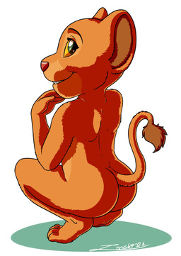 anthro anthrofied butt crouching female green_eyes looking_at_viewer looking_back nude simple_background smile solo text young young_anthro young_female zooshi disney the_lion_king nala_(the_lion_king) felid lion mammal pantherine artist_name hi_res signature source_request
