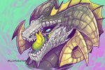 absurd_res ambiguous_form ambiguous_gender blue_eyes dragon fin forked_tongue grey_body grey_scales head_fin headshot_portrait hi_res horn licking licking_lips lluisabadias mythological_creature mythological_scalie mythology portrait pupils scales scalie slit_pupils solo text tongue