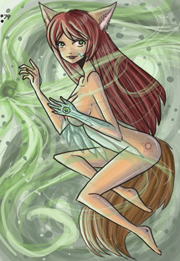 anthro breasts brown_body brown_fur female fur green_eyes hair looking_at_viewer magic nude pose red_hair side_view sky skyscape solo star tattoo wind raptor007 kitsu canid canine fox mammal 2011 digital_media_(artwork) full-length_portrait hi_res portrait