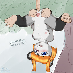 anthro anus blonde_hair blue_eyes blush butt clitoris dialogue feet female flat_chested fur genitals grey_body grey_fur hair hanging_by_tail inviting loli looking_at_viewer navel nipples nude pink_nipples plant presenting presenting_vulva simple_background soles solo spread_legs spread_vulva spreading tail talking_to_viewer text tree upside_down urethra vulva young young_anthro young_female makoruu american_opossum mammal marsupial 1:1 2017 english_text url