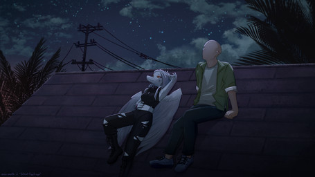 amber_eyes anthro bald black_boots black_bottomwear black_clothing black_crop_top black_footwear black_pants black_shirt black_topwear blue_body bone_frill boots bottomwear breasts canon_couple clothed clothed_anthro clothed_female clothed_human clothed_male clothing cloud crop_top detailed_background duo feathered_wings feathers female fingers footwear frill_(anatomy) front_view green_clothing green_jacket green_shirt green_topwear grey_body grey_bottomwear grey_clothing grey_feathers grey_hair grey_pants hair hand_on_belly human_on_anthro humanoid_hands interspecies jacket knee_boots knee_highs legwear long_hair looking_at_sky looking_up lying male male/female markings medium_breasts midriff night non-mammal_breasts on_back on_roof open_clothing open_jacket open_topwear outside palm_tree pants plant romantic romantic_couple shirt shoes sitting sky smile star starry_sky striped_markings stripes text topwear torn_bottomwear torn_clothing torn_pants tree utility_pole wings moomoth cavemanon_studios goodbye_volcano_high ko_op_(game_developer) snoot_game anon_(snoot_game) fang_(gvh) human mammal prehistoric_species pterosaur reptile scalie absurd_res artist_name colored hi_res shaded