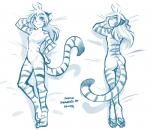 anthro blue_and_white breasts butt casual_nudity conditional_dnp crossed_legs dakimakura dakimakura_design digitigrade ears_back featureless_breasts featureless_crotch felid female flora_(twokinds) fur hand_behind_head hand_on_hip keidran looking_at_viewer looking_back lying mammal monochrome multiple_poses navel nude on_back on_front pantherine pawpads pivoted_ears pose raised_arm rear_view simple_background sketch small_breasts smile smirk solo striped_body striped_fur stripes tail text tiger tom_fischbach twokinds white_background