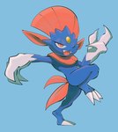 ambiguous_gender anthro biped blue_background claws fangs forehead_gem gem on_one_leg one_eye_closed open_mouth open_smile pose simple_background smile solo standing teeth toe_claws darkluxia nintendo pokemon generation_4_pokemon pokemon_(species) weavile absurd_res digital_media_(artwork) hi_res