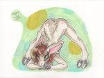 abstract_background anthro ass_up brown_hair butt female green_eyes hair hooves horizontal_pupils jack-o'_pose looking_at_viewer nude pose pupils solo tan_body conditional_dnp octavetothink nella_(octavetothink) bovid caprine mammal sheep 2021 hi_res marker_(artwork) traditional_media_(artwork)