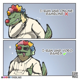 2_panel_comic anthro barong_(clothing) clenched_teeth clothing clown_nose clown_wig collared_shirt dress_shirt eyes_closed eyewear filipiniana filipino flesh_fang gradient_background green_body green_scales male motion_lines open_mouth philippines scales scaly_tail sharp_teeth shirt simple_background snout solo sparkles sunglasses tail teeth text tongue tongue_out topwear wearing_sunglasses eijie_nutz unnamed_character crocodile crocodilian reptile scalie digital_drawing_(artwork) digital_media_(artwork) filipino_text hi_res