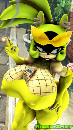anthro armwear between_breasts big_breasts breasts camel_toe cigarette cigarette_box clothing ear_piercing ear_ring elbow_gloves eyewear eyewear_on_head female fingerless_gloves gloves hand_on_hip handwear huge_breasts looking_aside nipple_outline piercing ring_(jewelry) ring_piercing smoking solo standing sunglasses sunglasses_on_head thick_thighs rocketspuff kabalmystic_(modeler) idw_publishing sega sonic_the_hedgehog_(comics) sonic_the_hedgehog_(idw) sonic_the_hedgehog_(series) surge_the_tenrec afrosoricid mammal tenrec 3d_(artwork) 4k 9:16 absurd_res digital_media_(artwork) hi_res