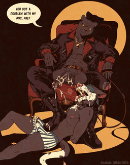 5_fingers abs after_orgasm anthro biker_boots biker_jacket black_body black_fur black_nose blindfold bodily_fluids boots boxers_(clothing) chair clothed clothing cum cum_drip cum_dripping_from_penis cum_drop cum_in_clothing cum_in_mouth cum_in_underwear cum_inside cum_on_boots cum_on_clothing cum_on_face cum_on_footwear cum_on_penis cum_through_clothing cum_through_underwear dripping duo ear_piercing ear_ring fingers footwear fur furniture genital_fluids genitals gold_(metal) gold_jewelry humanoid_genitalia humanoid_penis jewelry leash looking_at_viewer male male/male muscular muscular_anthro muscular_male nipples open_clothing open_mouth open_topwear partially_clothed partially_clothed_anthro partially_clothed_male penis piercing pink_inner_ear pink_nose ring_piercing saliva shoes speech_bubble talking_to_viewer teeth text topwear underwear vein veiny_penis wet wet_clothing wet_underwear whiskers yellow_sclera yellow_teeth captain_nikko burrows_(captain_nikko) grey_(captain_nikko) ken_(captain_nikko) american_opossum felid mammal marsupial pantherine 2025 english_text hi_res