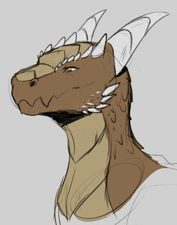 ambiguous_feral ambiguous_gender brown_body cheek_spikes facial_spikes feral glistening glistening_eyes grey_background horn mouth_closed orange_eyes simple_background solo spikes spikes_(anatomy) tan_body white_horn jezzlen mythology dragon mythological_creature mythological_scalie scalie colored_sketch sketch