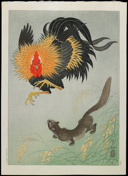 ambiguous_feral ambiguous_gender avian_caruncle avian_feet beak biped bipedal_feral brown_body brown_fur cjk_character claws comb_(anatomy) dewlap_(anatomy) duo eye_contact feathered_wings feathers feral finger_claws fur grass head_crest jumping long_tail looking_at_another paws plant quadruped red_sclera scuted_feet scuted_legs scutes simple_background standing tail tail_feathers text toe_claws wattle whiskers wings ohara_koson public_domain avian bird chicken galliform mammal mustelid musteline phasianid true_musteline weasel 20th_century absurd_res ancient_art hi_res japanese_text traditional_media_(artwork)