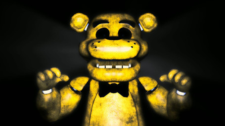 black_background bow_tie empty_eyes front_view looking_at_viewer machine open_mouth pose raised_hands simple_background solo teeth_showing yellow_body antihacking5000 splinks_(modeler) five_nights_at_freddy's scottgames golden_freddy_(fnaf) animatronic bear mammal robot 2015 3d_(artwork) digital_media_(artwork) restricted_palette shaded soft_shading source_filmmaker_(artwork)