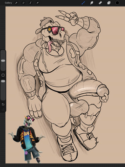 anthro art_program_in_frame backwards_hat balls belly belly_peeking_out big_balls big_muscles big_pecs big_penis bone claws clothing eyewear footwear genital_piercing genitals gesture glowing glowing_eyes hand_gesture hat headgear headwear hoodie looking_at_viewer lying male muscular muscular_arms nipples_visible_through_clothing overweight overweight_male pecs penis penis_piercing piercing prince_albert_piercing sharp_teeth shoes simple_background skeleton sneakers socks solo sunglasses teeth thick_thighs tight_clothing tongue tongue_out topwear v_sign kelsdungeon epic_games fortnite fortnite:_battle_royale gnarly_charlie dinosaur prehistoric_species reptile saurischian scalie theropod tyrannosaurid tyrannosauroid tyrannosaurus tyrannosaurus_rex absurd_res hi_res