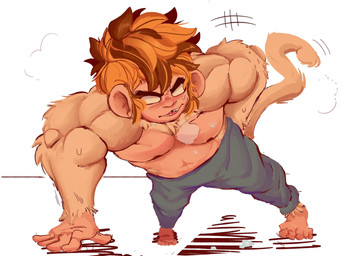 anthro biceps blonde_hair blush bodily_fluids bottomwear clothed clothing exercise fur hair humanoid_hands male multicolored_hair muscular muscular_male nipples no_pupils pants pecs push-up solo sweat sweatpants topless triceps white_body white_fur workout ccaimeo haplorhine mammal monkey primate 4:3 hi_res