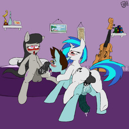 ahegao anal anal_penetration animal_genitalia animal_penis anus backsack balls bed bite black_hair black_penis blue_body blue_fur blue_hair bodily_fluids bowed_string_instrument brown_hair cello cum cum_in_ass cum_in_mouth cum_inside cum_on_balls cum_on_penis cum_on_tongue cum_string cum_while_penetrated cutie_mark ear_bite equine_genitalia equine_penis erection fellatio feral fur furniture genital_fluids genitals grey_body grey_fur group group_sex gynomorph gynomorph/male gynomorph_penetrating hair half-closed_eyes heart_eyes heart_symbol horn inside intersex intersex/male intersex_penetrating looking_pleasured male multicolored_hair musical_instrument narrowed_eyes on_top open_mouth oral penetration penile penis pillow quadruped sex sitting smile string_instrument teeth threesome tongue tongue_out trio two_tone_hair vein veiny_penis white_body white_fur sanyo2100 friendship_is_magic hasbro my_little_pony fan_character octavia_(mlp) vinyl_scratch_(mlp) earth_pony equid equine horse mammal pony 1:1