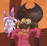 anthro beak breasts brown_body brown_eyes brown_fur brown_hair cigarette clothed clothing duo female fully_clothed fur hair nude itoruna nintendo pokemon itoruna_the_platypus eeveelution generation_6_pokemon mammal monotreme platypus pokemon_(species) sylveon 2019 digital_media_(artwork) hi_res