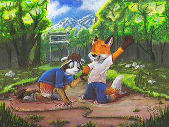 anthro blue_bottomwear blue_clothing blue_pants blue_shirt blue_sky blue_t-shirt blue_topwear bottomwear brown_body brown_fur brown_hair clothed clothing cloud day duo eyes_closed footwear fur glistening glistening_eyes gloves_(marking) grass hair head_tuft kneeling male markings mouth_closed mud open_mouth open_smile orange_body orange_fur outside pants plant red_bottomwear red_clothing red_footwear red_shoes red_shorts shirt shoes short_hair shorts sky smile t-shirt topwear tree tuft white_body white_bottomwear white_clothing white_fur white_shirt white_shorts white_t-shirt white_topwear yellow_eyes young young_anthro young_male pandapaco biro_(pandapaco) canid canine fox mammal procyonid raccoon